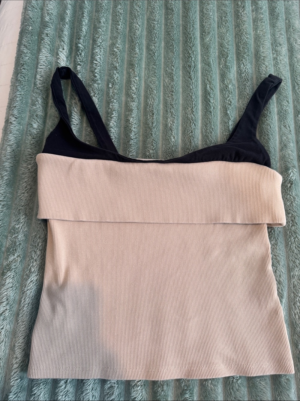 Women’s Fold-Over Ribbed Tank with Contrast Straps - Black & Cream